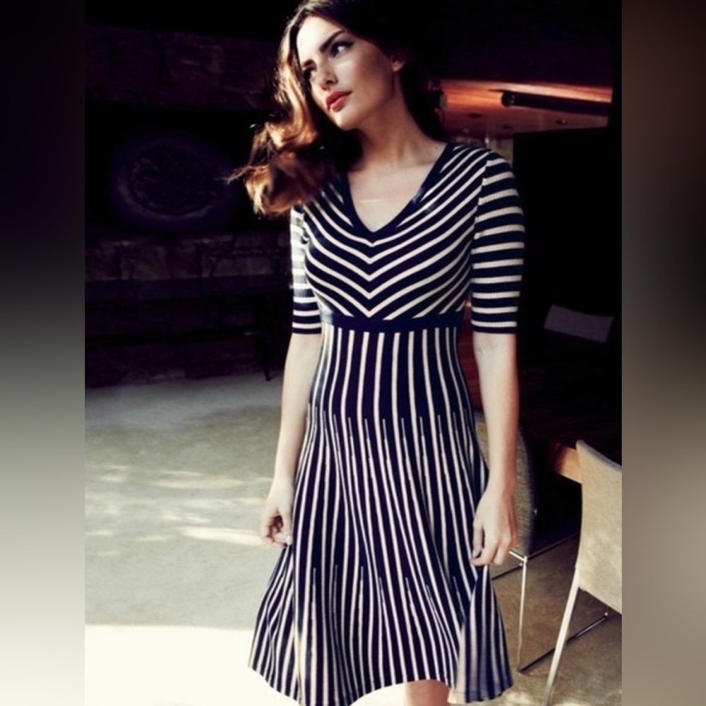 Boden Amelie Fit and Flare V-neck Sweater Dress Size 8 Navy and Oatmeal